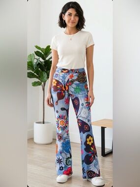 Colorful Butterfly & Floral Print Flare Leg Pants - Size M